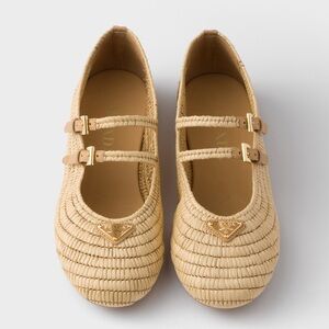Prada Beige Woven Mary Jane Flats with Gold Logo